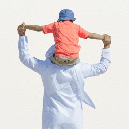DNA Paternity test (ikhtibar al-abwah) image showing a father carrying a cheerful child on his shoulder with a beautiful clear blue sky. اختبار الأبوة وفحص اثبات النسب