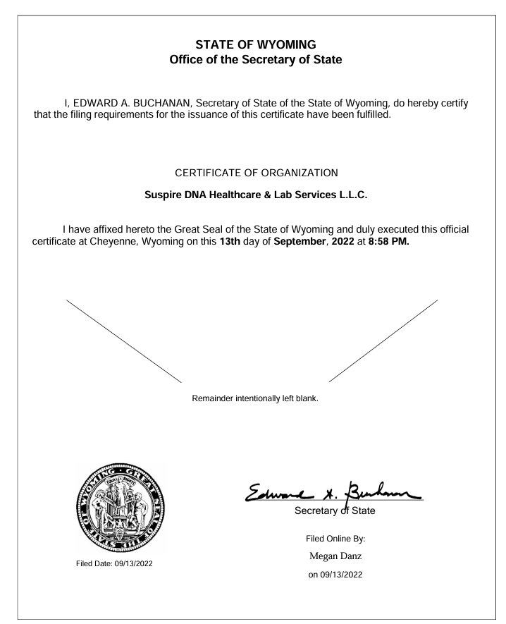 Suspire DNA  Healthcare  & Lab Services  LLC  License